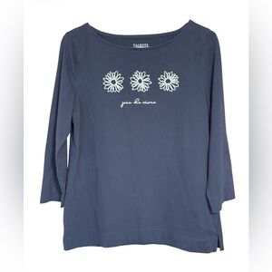 Talbots Daisy Graphic Tee M Navy 3/4 Sleeve Cotton Casual Top